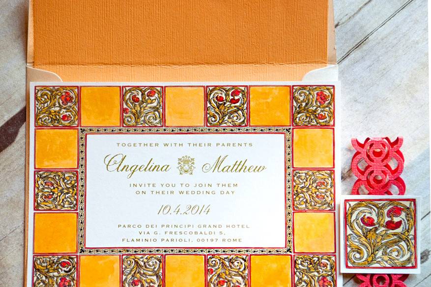 This beautiful classic Italian inspired design is reminiscent of Tuscan pottery with warm red and yellow tones! Base your theme around this look and will will not be disappointed.This beautiful invitation is sure to catch your guests attention and showcase your  style and impeccable taste!