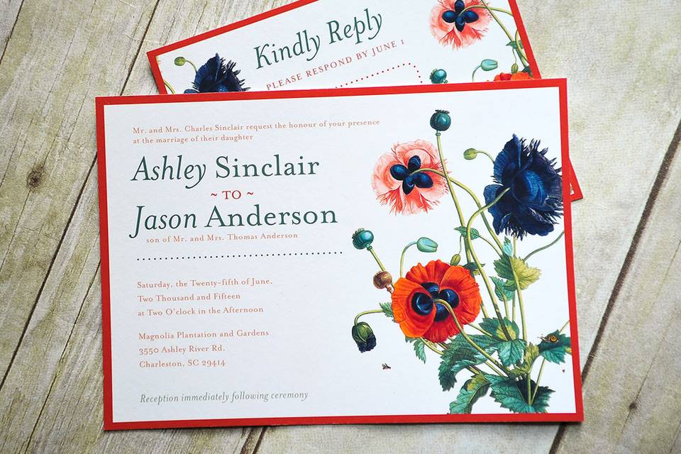 This bright, cheerful and unique floral design is the perfect balance between classic and modern. Whimsical and colorful botanical illustration of multi-colored Poppies jumps off the page when set against a clean white background. Work your theme around this design and see your wedding day blossom into an unforgettable event! This invitation is sure to catch your guests attention and showcase your unique, playful style and impeccable taste!