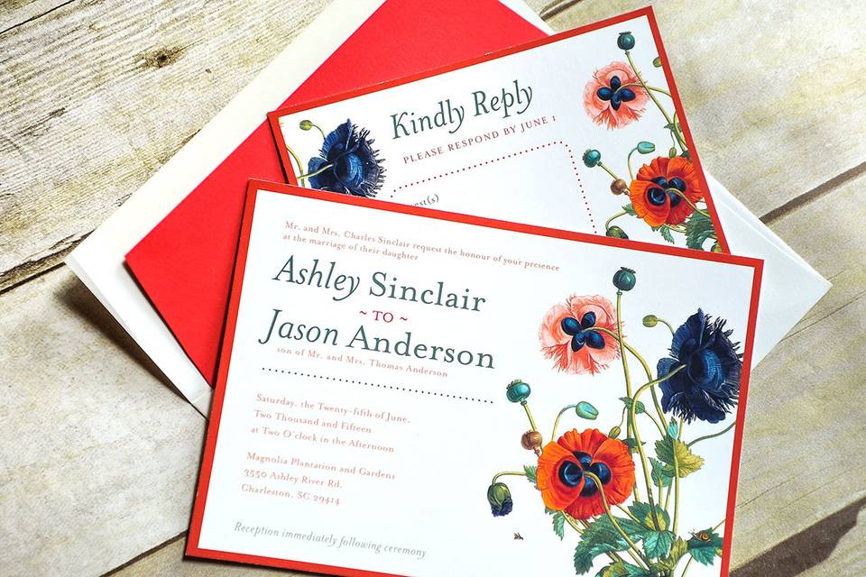 This bright, cheerful and unique floral design is the perfect balance between classic and modern. Whimsical and colorful botanical illustration of multi-colored Poppies jumps off the page when set against a clean white background. Work your theme around this design and see your wedding day blossom into an unforgettable event! This invitation is sure to catch your guests attention and showcase your unique, playful style and impeccable taste!