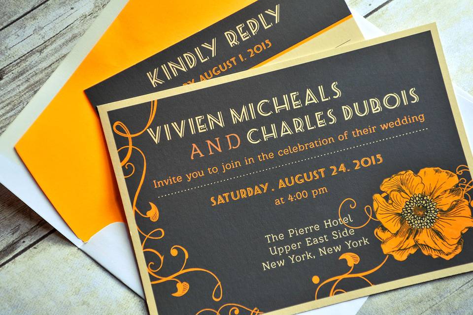 This beautiful Art Deco inspired design is reminiscent of a NYC  wedding in the 1920's. Warm brown, goldenrod and copper tones set the mood and classic Art Deco fonts and type treatment finish off the theme. This invitation would be perfect for a fall wedding, but would work equally well in any season. This classic and unique design is truly one-of-a-kind and is sure to catch your guests attention and showcase your  style and impeccable taste!