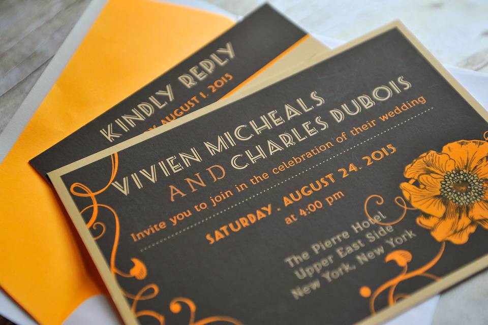 This beautiful Art Deco inspired design is reminiscent of a NYC  wedding in the 1920's. Warm brown, goldenrod and copper tones set the mood and classic Art Deco fonts and type treatment finish off the theme. This invitation would be perfect for a fall wedding, but would work equally well in any season. This classic and unique design is truly one-of-a-kind and is sure to catch your guests attention and showcase your  style and impeccable taste!