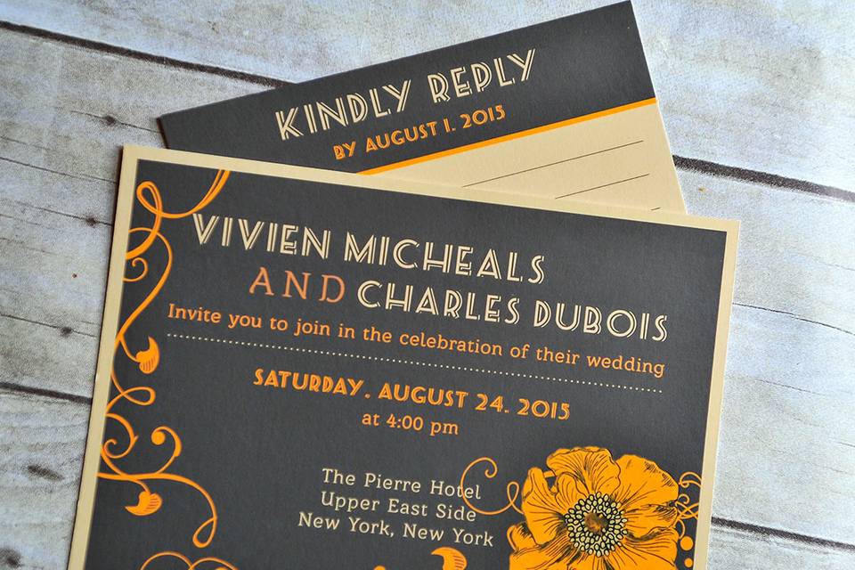 This beautiful Art Deco inspired design is reminiscent of a NYC  wedding in the 1920's. Warm brown, goldenrod and copper tones set the mood and classic Art Deco fonts and type treatment finish off the theme. This invitation would be perfect for a fall wedding, but would work equally well in any season. This classic and unique design is truly one-of-a-kind and is sure to catch your guests attention and showcase your  style and impeccable taste!