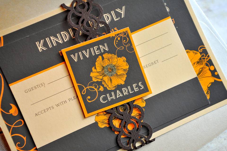 This beautiful Art Deco inspired design is reminiscent of a NYC  wedding in the 1920's. Warm brown, goldenrod and copper tones set the mood and classic Art Deco fonts and type treatment finish off the theme. This invitation would be perfect for a fall wedding, but would work equally well in any season. This classic and unique design is truly one-of-a-kind and is sure to catch your guests attention and showcase your  style and impeccable taste!