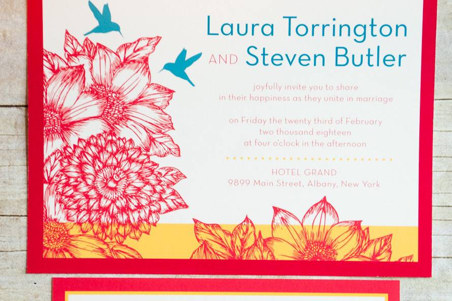 This beautiful and brightly colored summer/spring modern invitation uses magenta, cyan, and yellow as it's color palette. The design features a bold floral motif with hummingbirds attracted to the obviously sweet colors of this enchanted garden! This set is sure to catch your guests attention and showcase your style and impeccable taste!