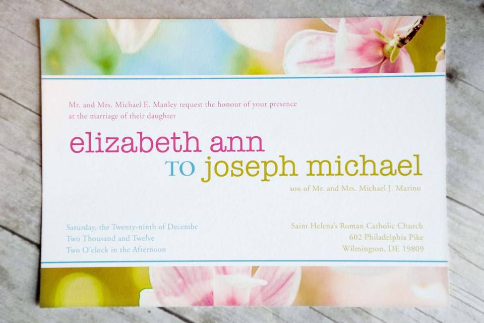 This design was created using sections of a photograph of beautiful spring magnolia blossoms in full bloom against a blue sky. The colors are naturally soft and pastel and this invitation set would be a perfect choice for a spring wedding! This feminine and classic design fits with many themes and is sure to catch your guests attention and showcase your style and impeccable taste!
