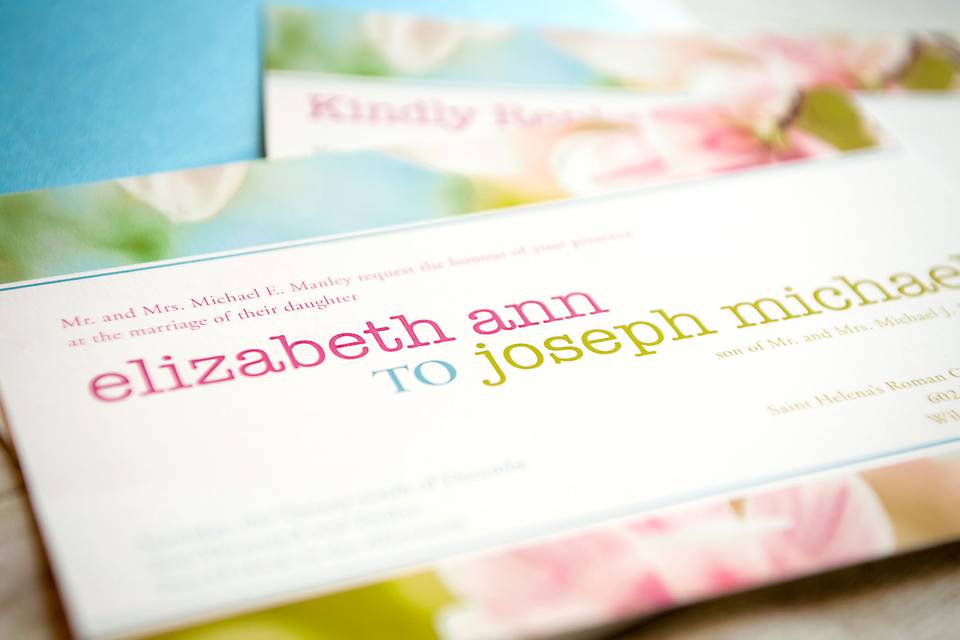 This design was created using sections of a photograph of beautiful spring magnolia blossoms in full bloom against a blue sky. The colors are naturally soft and pastel and this invitation set would be a perfect choice for a spring wedding! This feminine and classic design fits with many themes and is sure to catch your guests attention and showcase your style and impeccable taste!