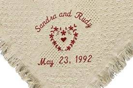 Custom made personalized cotton wedding throw (blanket). Embroidered with your own personalization. Great gifts for the new bride and groom or parents.