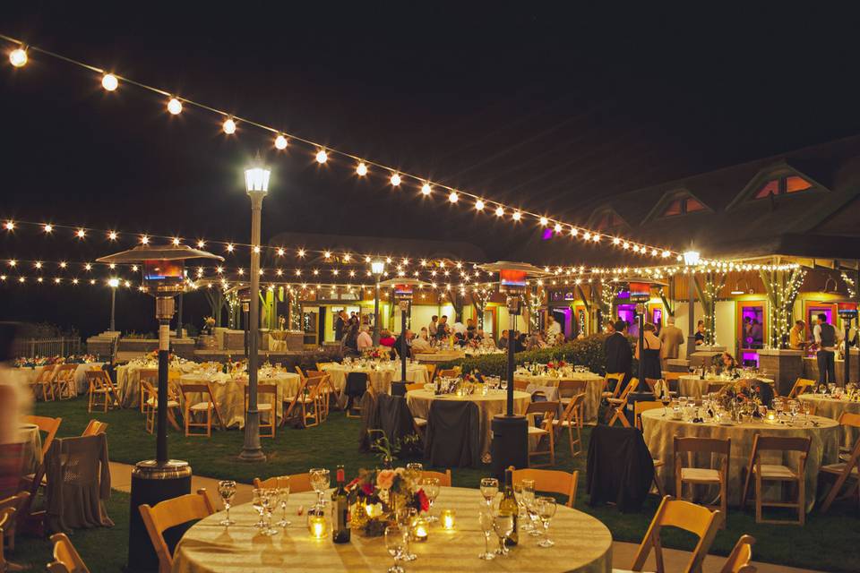 Outdoor reception with hanging lights