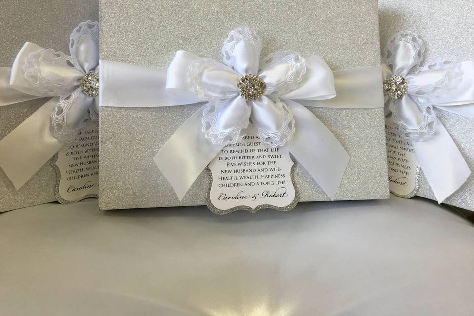 White and silver invitations