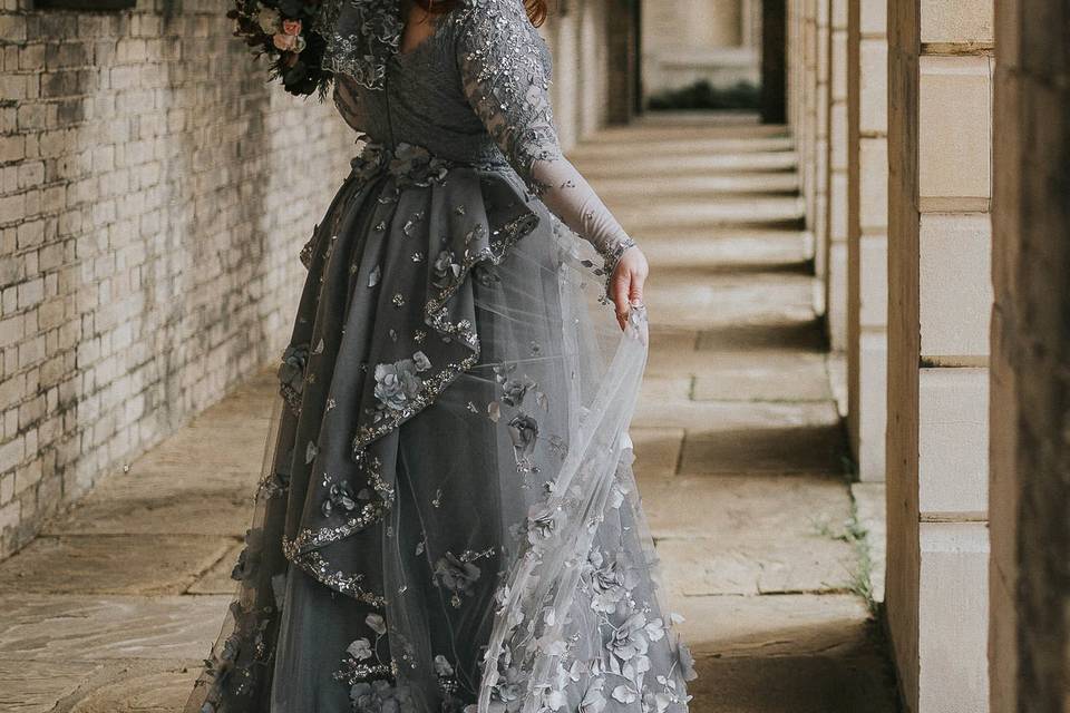 Bride in grey dress in London