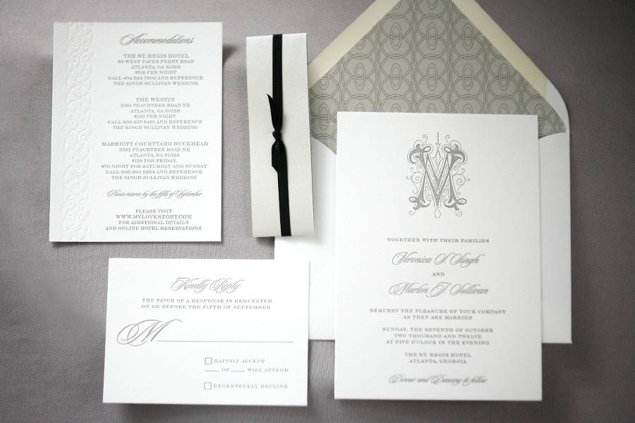 Custom letterpress wedding invitation suite with Victorian monogram.