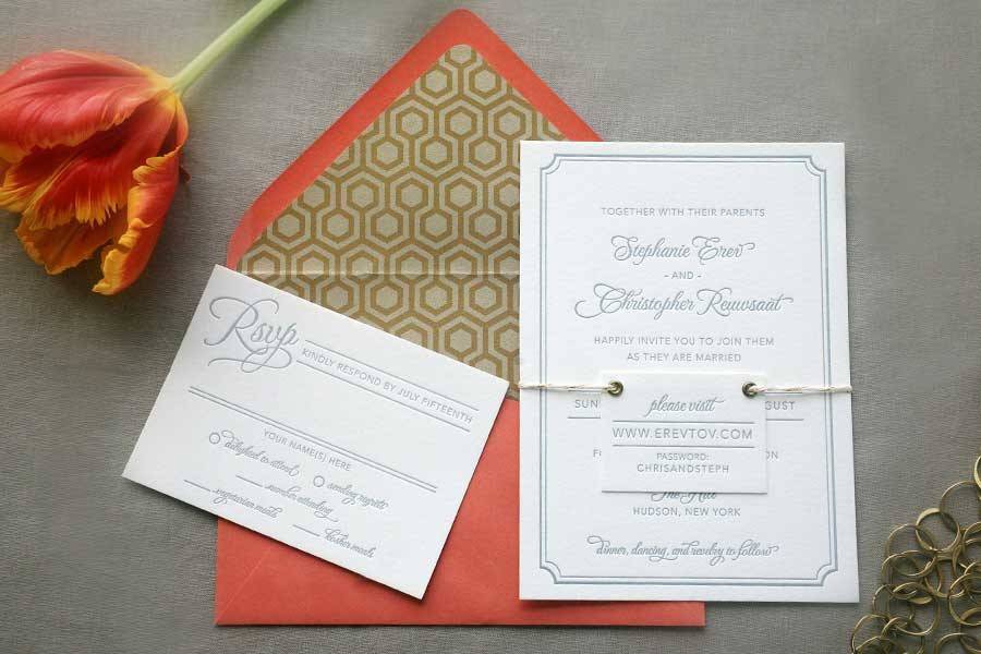 Letterpress wedding invitation suite with custom tag.