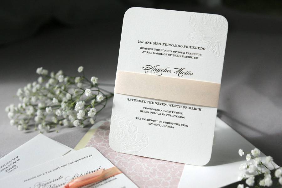 Custom letterpress wedding invitations in blush and grey.