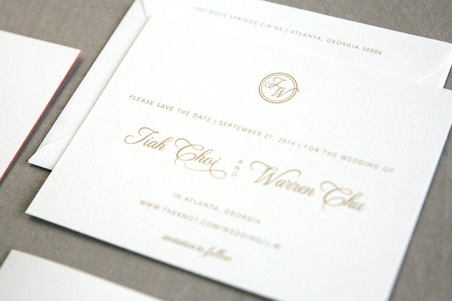 Modern, minimalist save the date in gold.