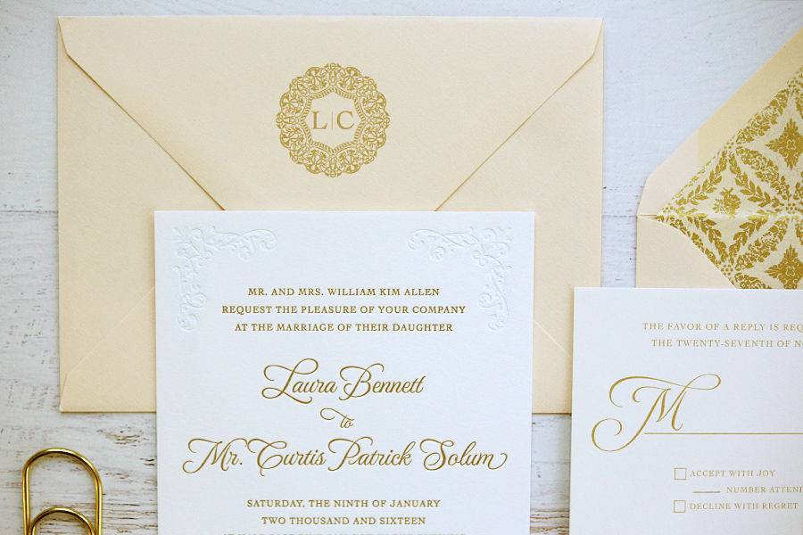 Classic blush and gold wedding invitation suite in letterpress.