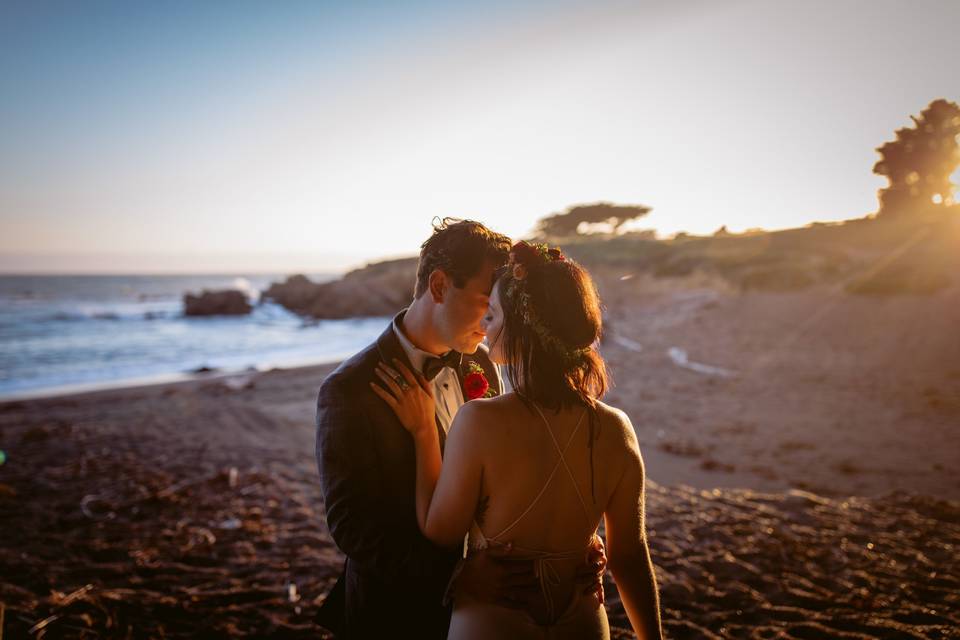 Bride & groom on Moonstone Beach