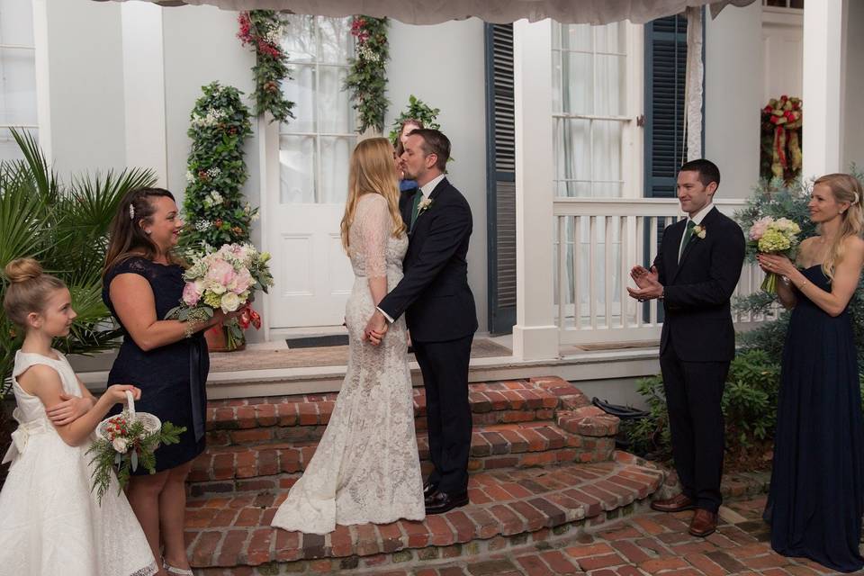 Couple's wedding kiss