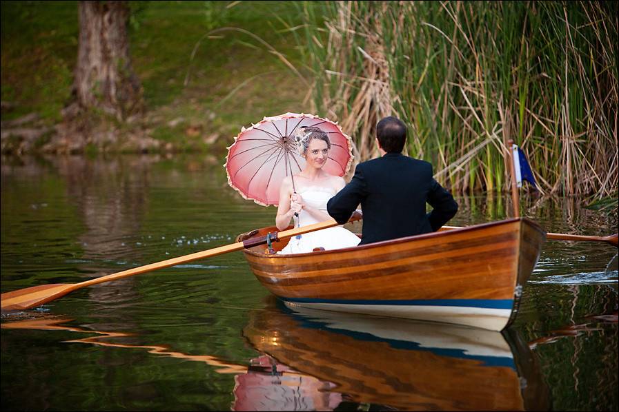 Couple riding a boat