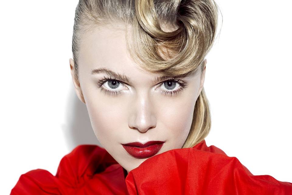 Stylish updo and bold red lip