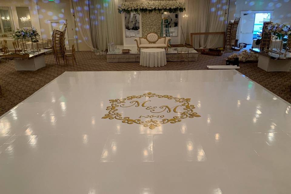 White dance floor with personalized decal