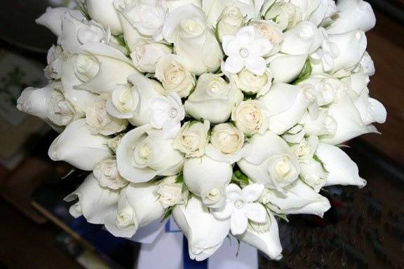 Tight White Akito rose buds and stephanotis in an elegant round bridal bouquet