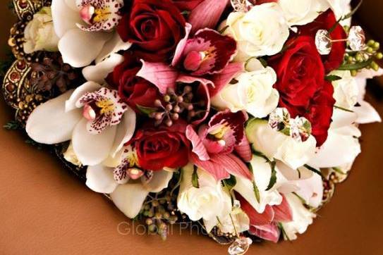 bridal bouquet matched up with brides outfit