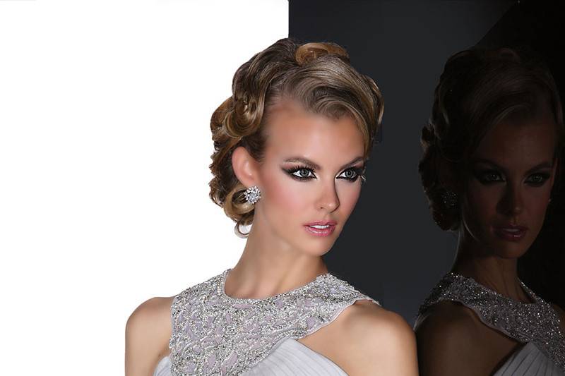 90197	<br>	THIS GLITZ AND GLAM A LINE DRESS ELABORATE WITH CRYSTAL NECKLINE PIECE CREATING A MARVELOUS BAR-BACK FEATURE AND RUCHING THROUGHOUT BODICE