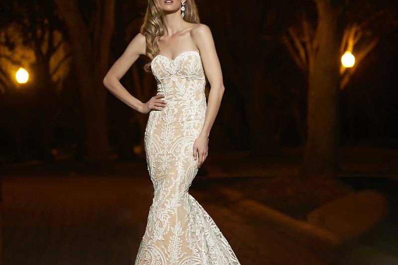 Style	90253	<br>	This dramatic sheath gown, features a spectacular lace pattern overlay, on soft tulle.