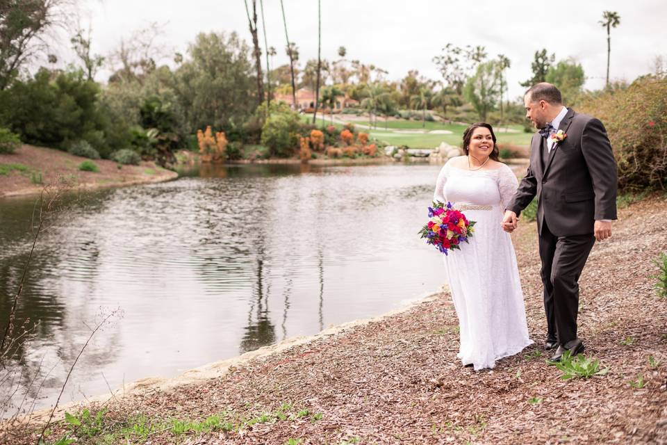 Couple with a fountain backdro