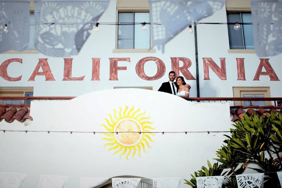 Newlyweds with California backdrop