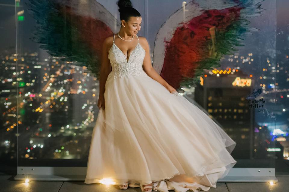 Bride and glass wing backdrop