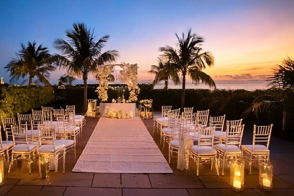Rooftop ceremony at dusk