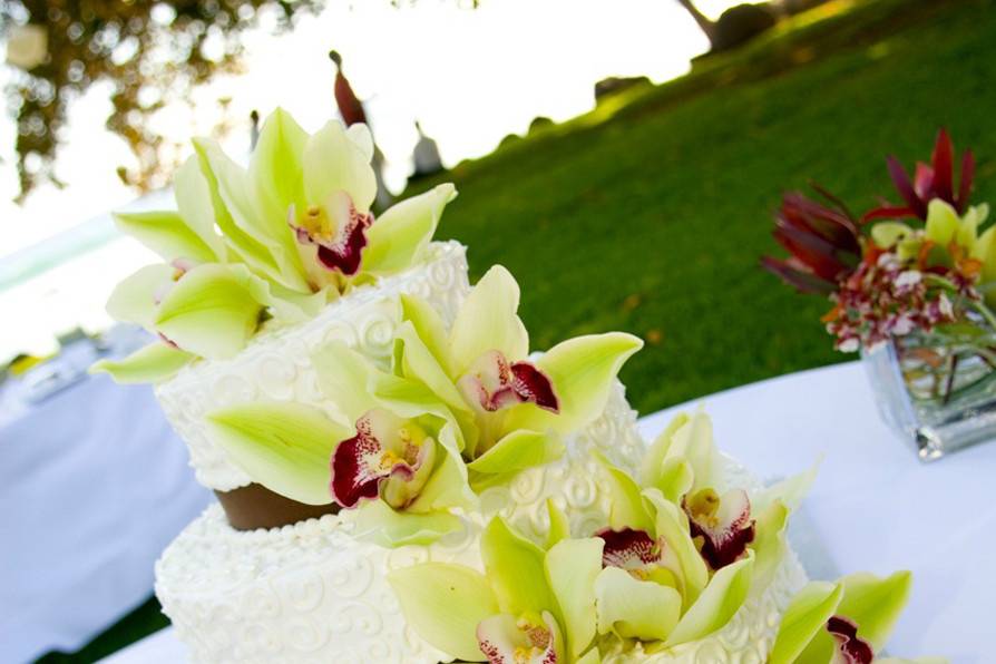 Three tier wedding cake with large flowers