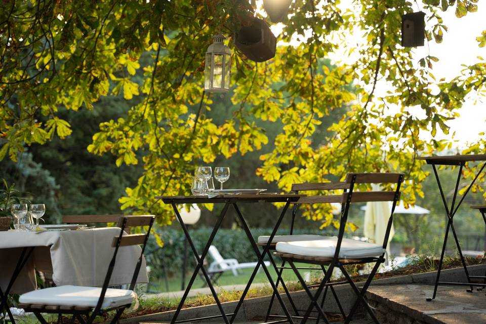 Tables under trees