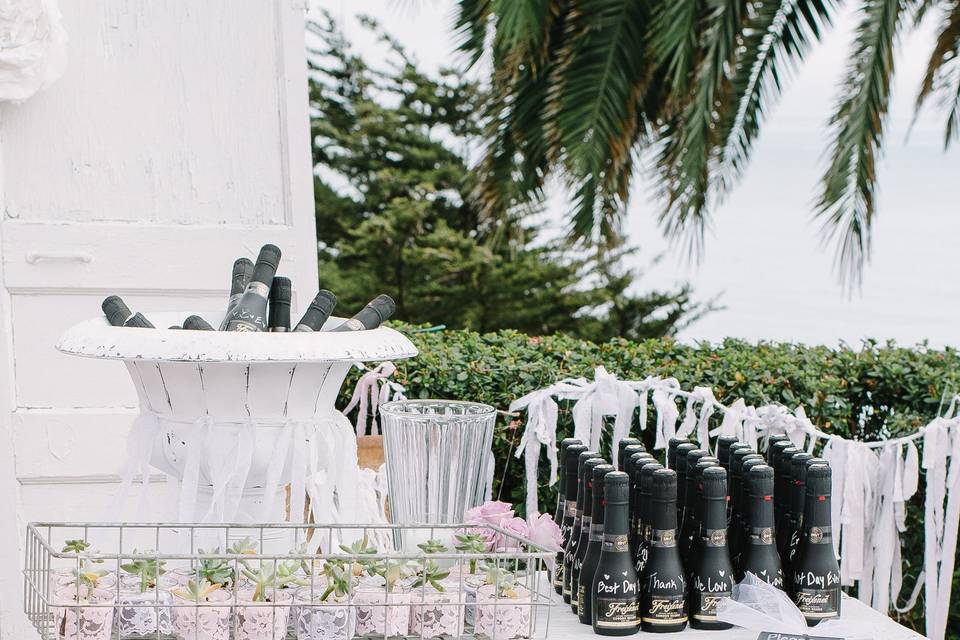 Favor table: mini succulents in pink lace trimed holders and mini champagne bottles.