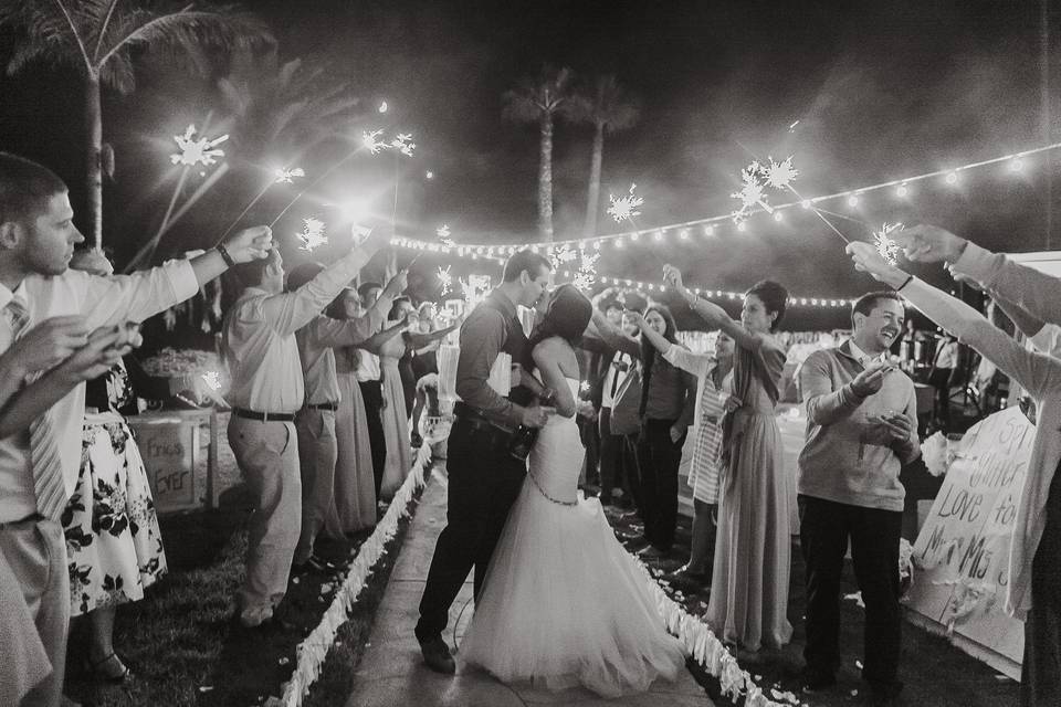 Sparkler send off! Bistro lighting by A Perfect Day!