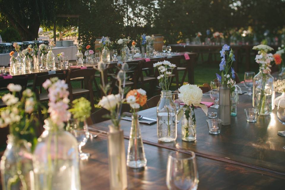 The lush lawn in the back yard of the Ranch House makes a intimate and very special setting. Napkins were in alternate patterns and handmade by the Mother of the Bride.