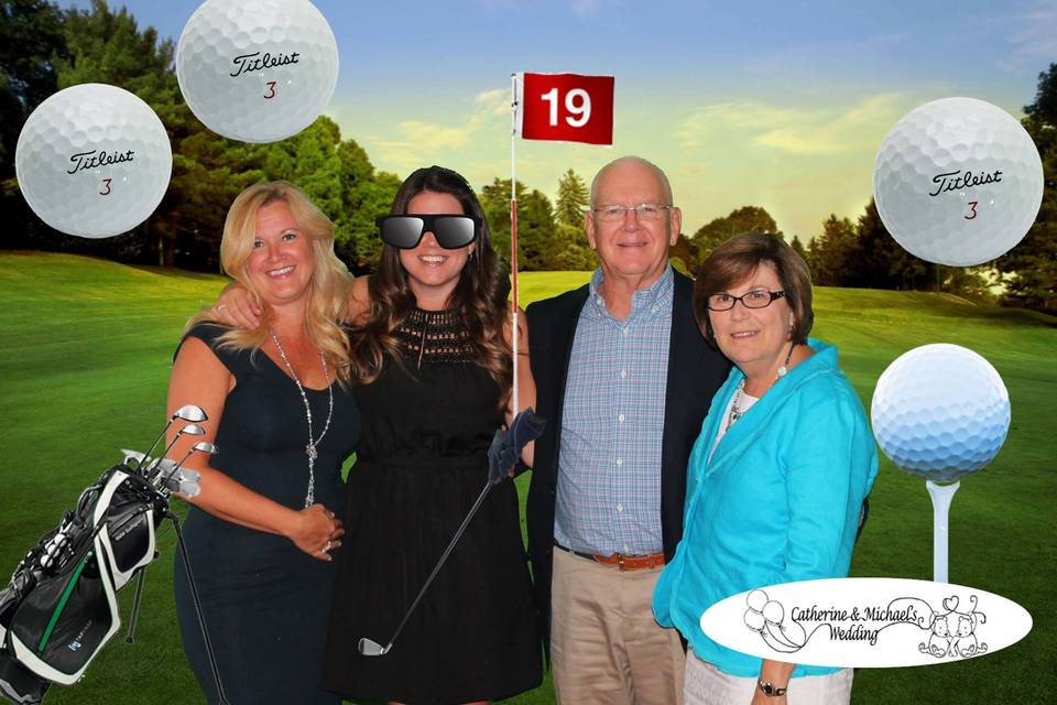 The green screen can be set up any where.  This was taken indoors but by using the green screen your guests can be on the golf course.