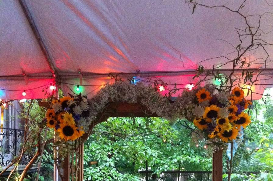 This simple redwood arch created a perfect gateway from the ceremony into the cocktail hour. The most fabulous sunflowers accented with blue delphinium lushly framed the top and we swagged a babys breath garland to fluff up and soften the look