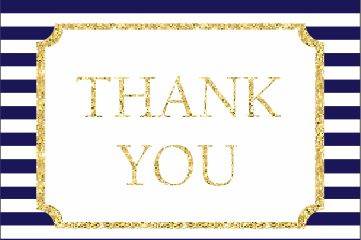 Nautical thank you cards with navy and white stripes and gold glitter