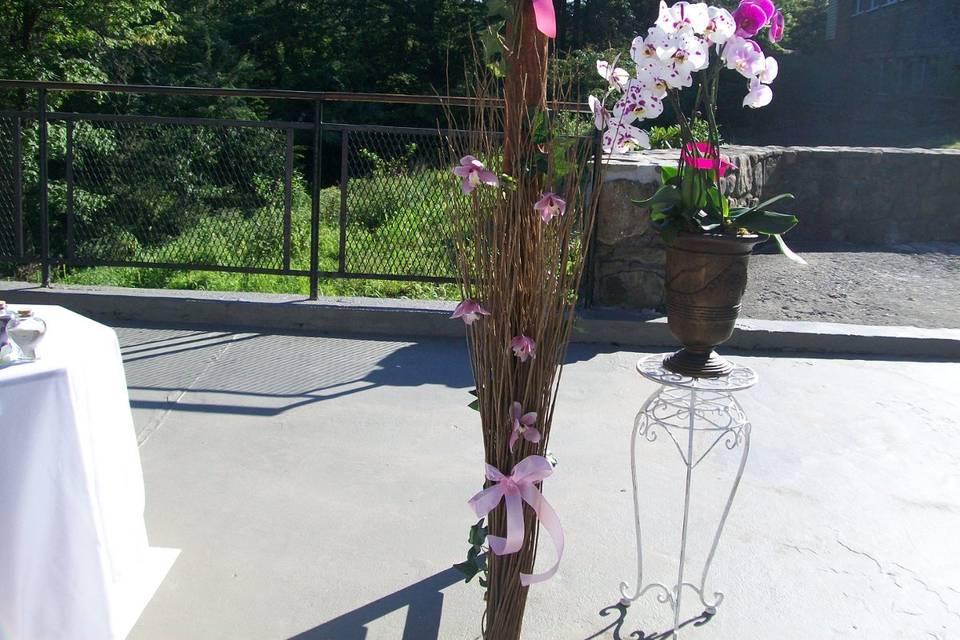 Rental urn of orchids on rental stand.  Arch decor included willow and cymbidium orchid accents as well.