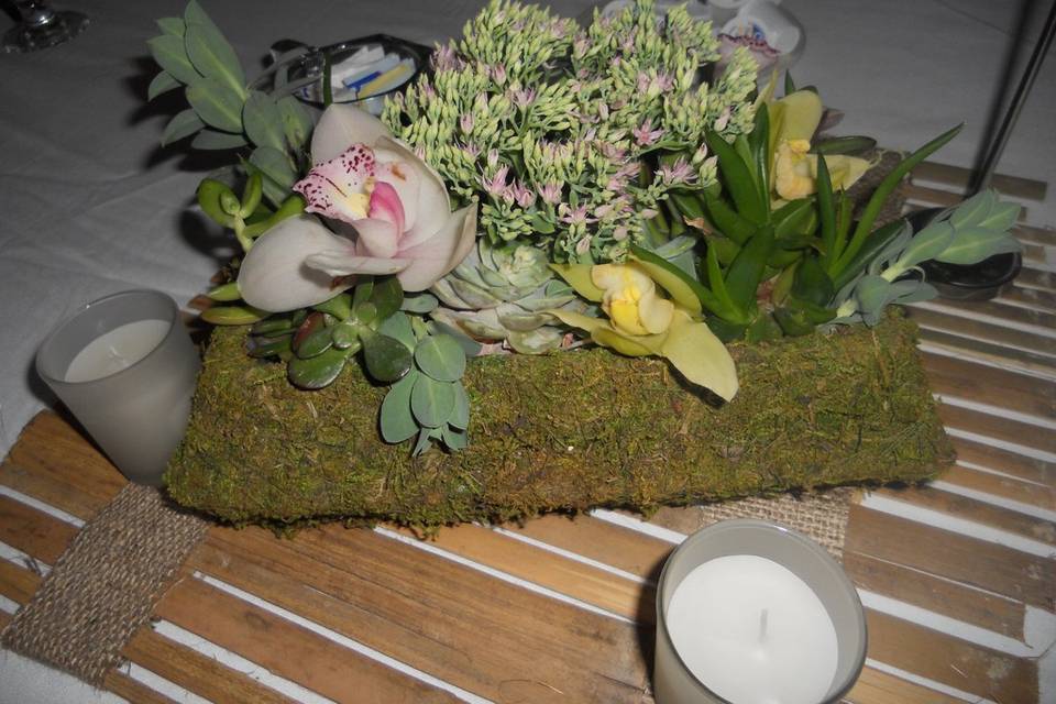 Special request from the bride: a moss basket planted with succulents and touches of orchid accents.  This was to be planted in the newlywed's garden after the honeymoon.