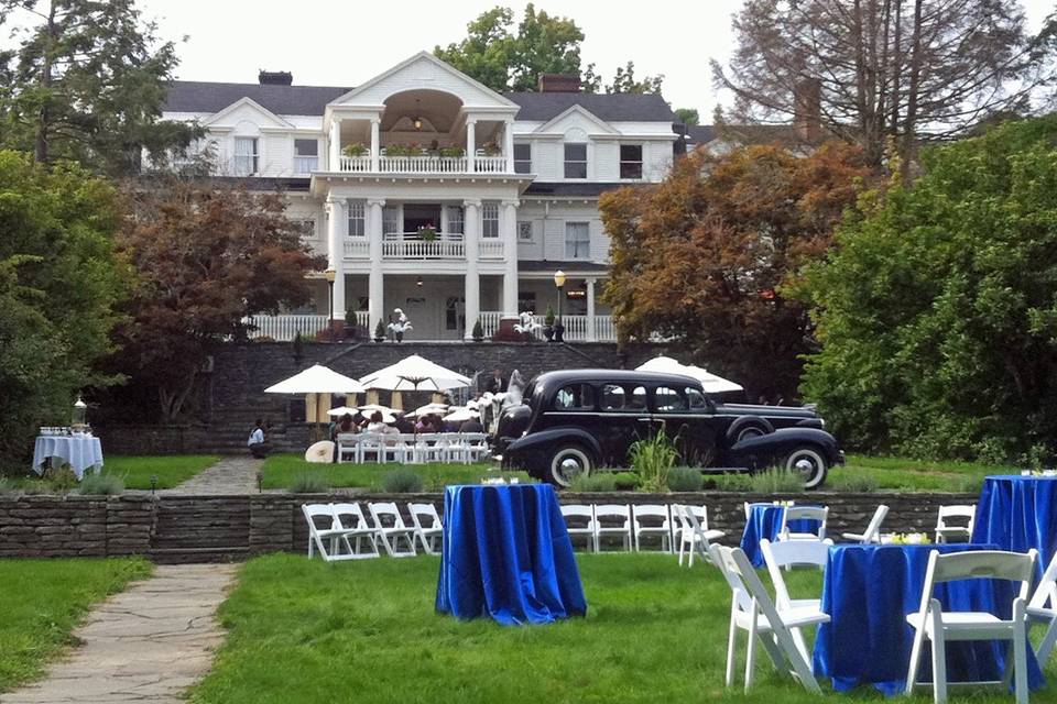 The Great Gatsby themed wedding of Nicola and Marcus at The Mansion at Noble Lane, Bethany, PA  The 1937 Cadillac is courtesy of Kranker's Antique Limo.