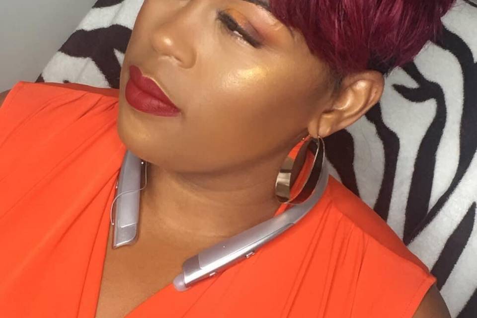 Soft glam with pop of red