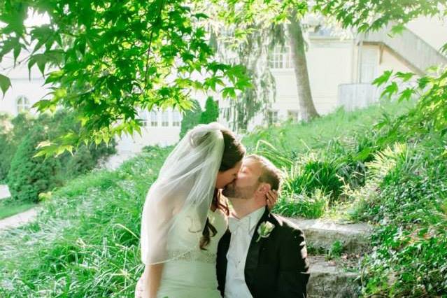 Bride and groom kissing