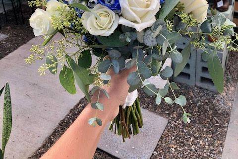 Delphinium and white roses