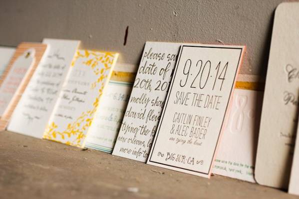 An assortment of save-the-dates, letterpress printed by Smock.