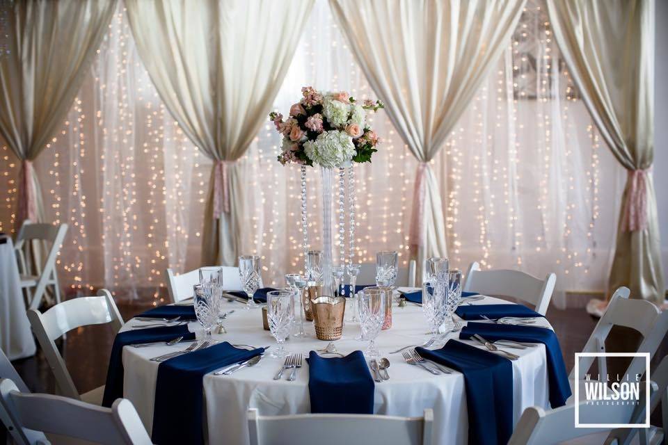 Blue and white round table setup
