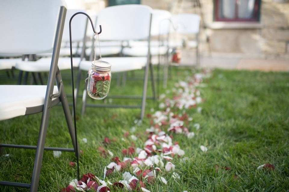 Petals on the courtyard lawn