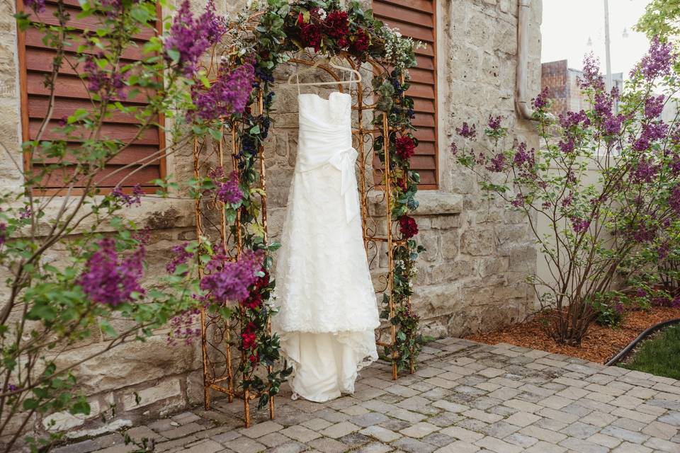 Bridal gown in courtyard